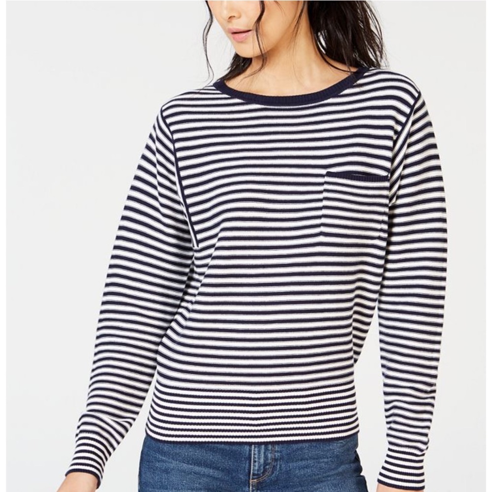 Lucky Brand Navy and White Striped Crewneck Cotton Sweater